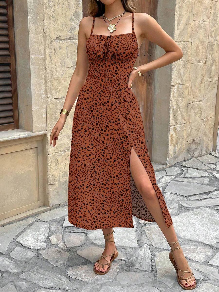 SHEIN MIDI SUKIENKA NA RAMIĄCZKACH ROZCIĘCIE KWIATY PK01__XS