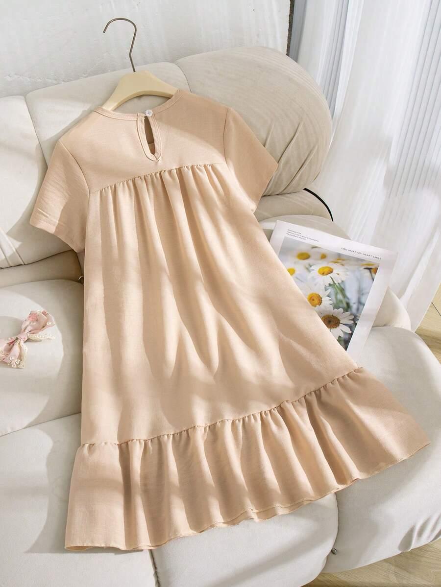 SHEIN BEŻOWA SUKIENKA KRÓTKI RĘKAW S06__128-134
