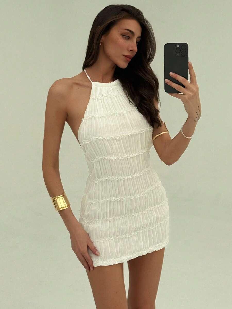 SHEIN BIAŁA MINI SUKIENKA ODKRYTE RAMIONA S09__XS