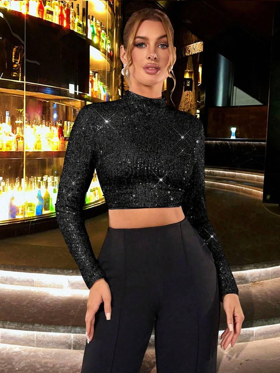 SHEIN CZARNY TOP POŁYSK S06__XXL