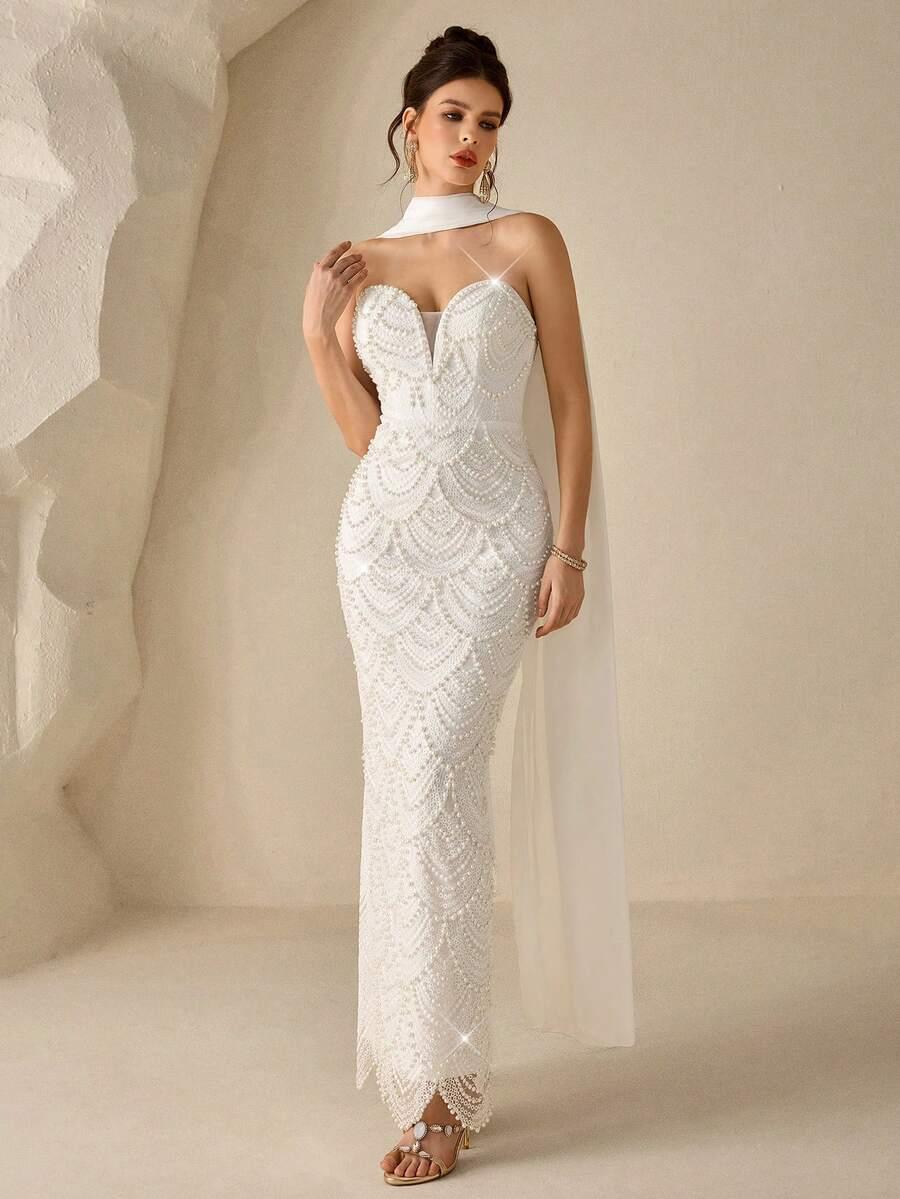 SHEIN BIAŁA MAXI SUKIENKA ZDOBIENIE S06__L