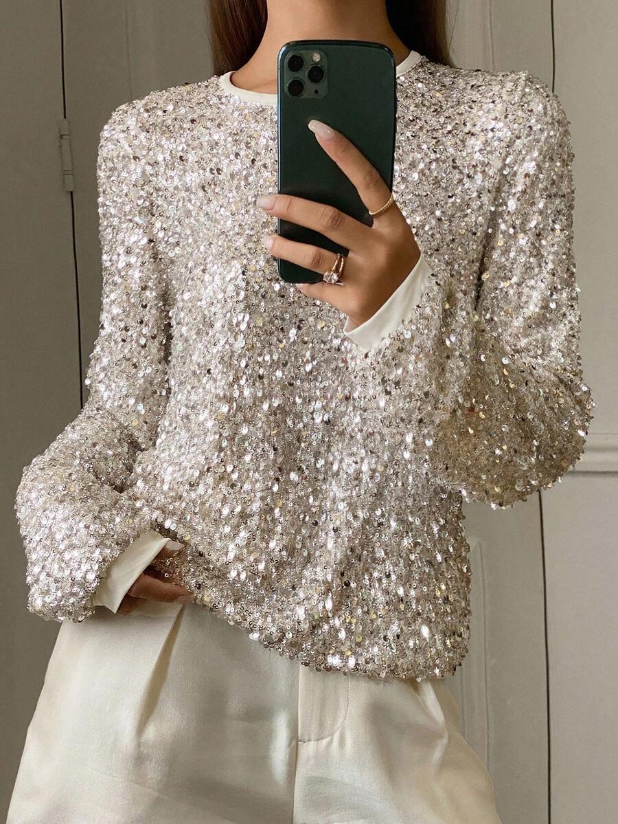 SHEIN SREBRNA BLUZKA ZDOBIENIE CEKINY S06__S
