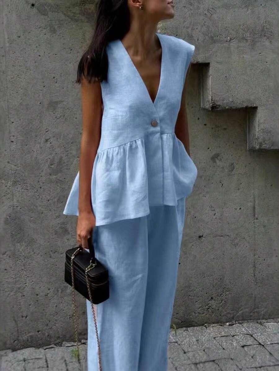 SHEIN NIEBIESKIE SPODNIE SZEROKA NOGAWKA S06__M