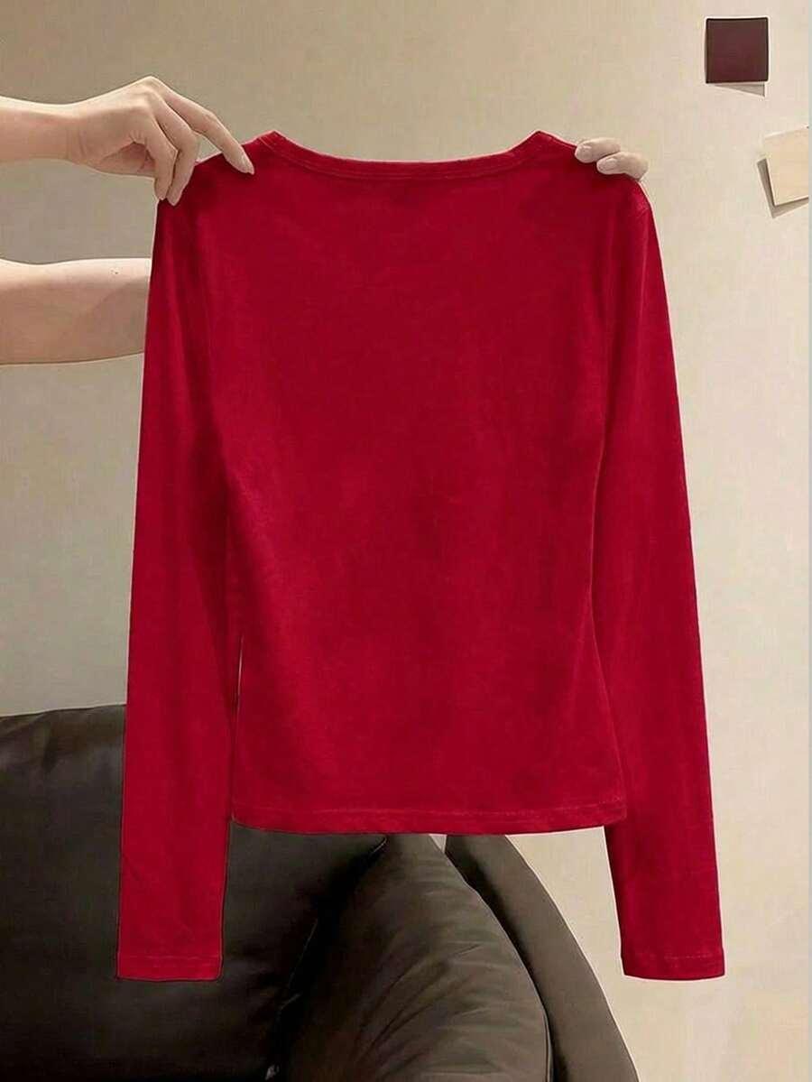 SHEIN CZERWONA BLUZKA Z DŁUGIM RĘKAWEM NADRUK PK01__S