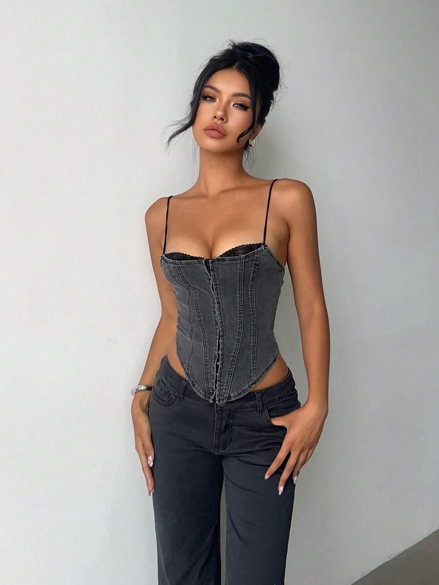 SHEIN SZARY TOP NA RAMIĄCZAKCH JEANS KORONKA S06__S