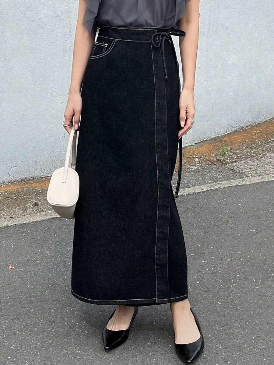 FRIFUL CZARNA JEANSOWA SPÓDNICA MAXI S09__S