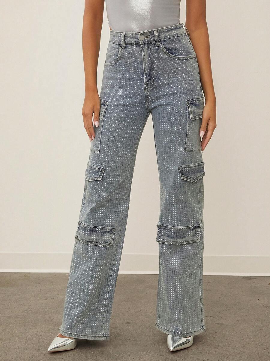SHEIN SPODNIE JEANS CYRKONIE S06__L