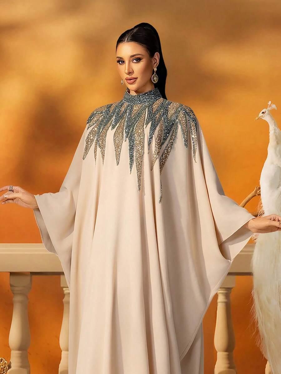 SHEIN BEŻOWA SUKIENKA MAXI ZDOBIENIA S06__L