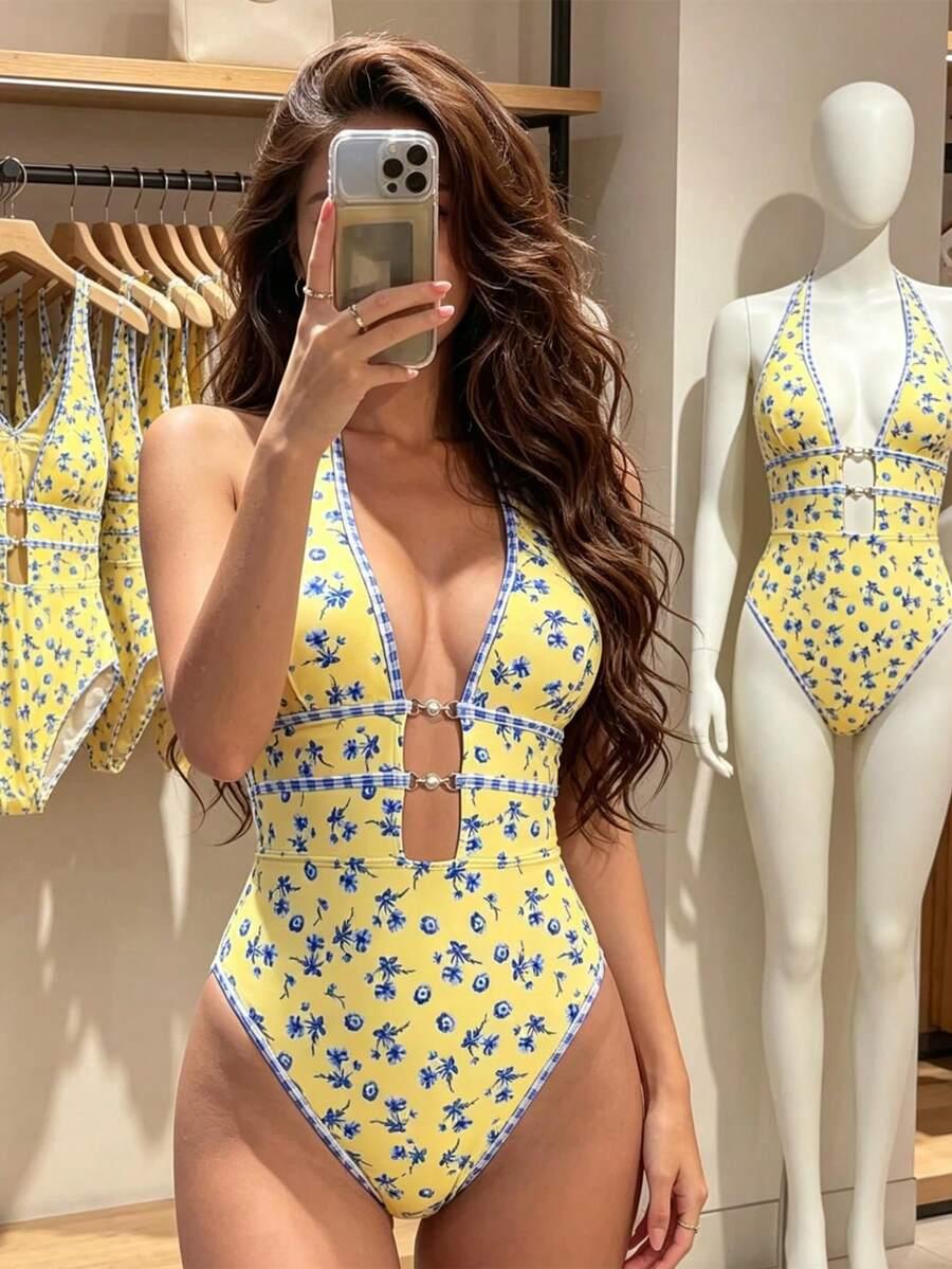 SWIM VCAY JEDNOCZĘŚCIOWY STRÓJ KĄPIELOWY WZÓR KWIATY WIĄZANIE PK01__XL