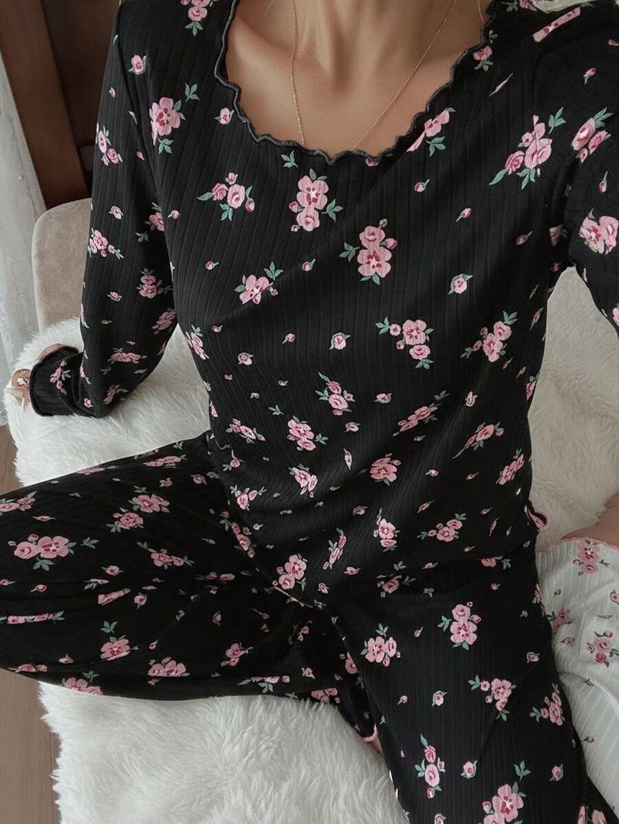 SHEIN PIŻAMA KOMPLET BLUZKA SPODNIE PRINT KWIATY S06__L