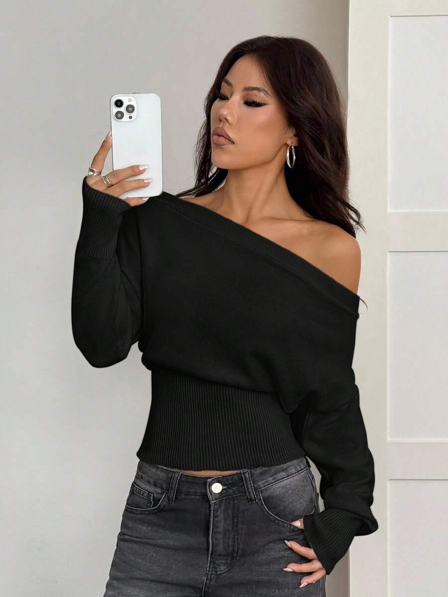 SHEIN CZARNY ASYMETRYCZNY SWETER S06__L