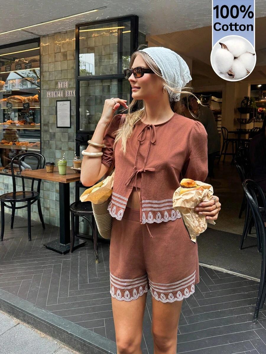 SHEIN BRĄZOWY KOMPLET BLUZKA SPODNENKI S06__M
