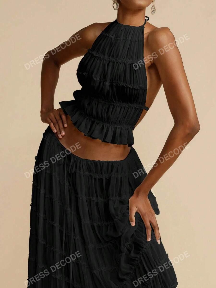 SHEIN CZARNY KOMPLET TOP ODKRYTE PLECY MAXI SPÓDNICA S06__S