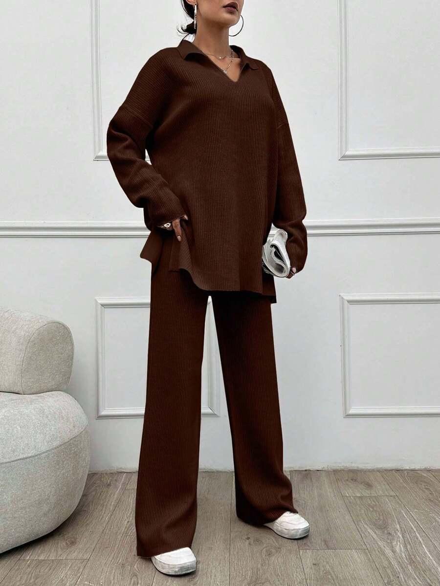 SHEIN BRĄZOWY KOMPLET SWETER SPODNIE S06__M