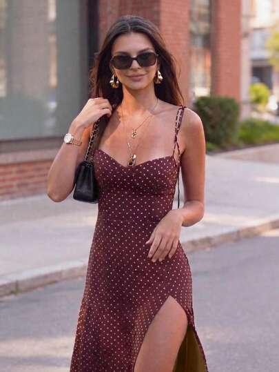 SHEIN BRĄZOWA MIDI SUKIENKA WZÓR GROSZKI PK01__S