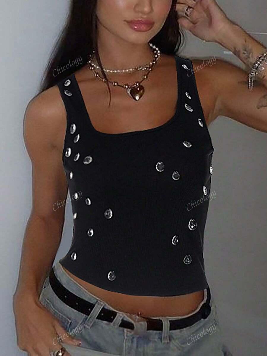 SHEIN CZARNY TOP ZDOBIENIA S06__M