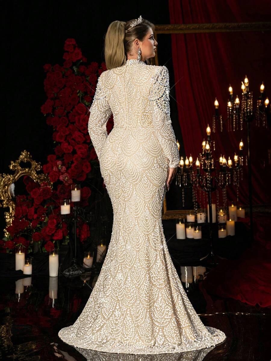 GLAMRAE BEŻOWA MAXI SUKIENKA ZDOBIENIA S06__46