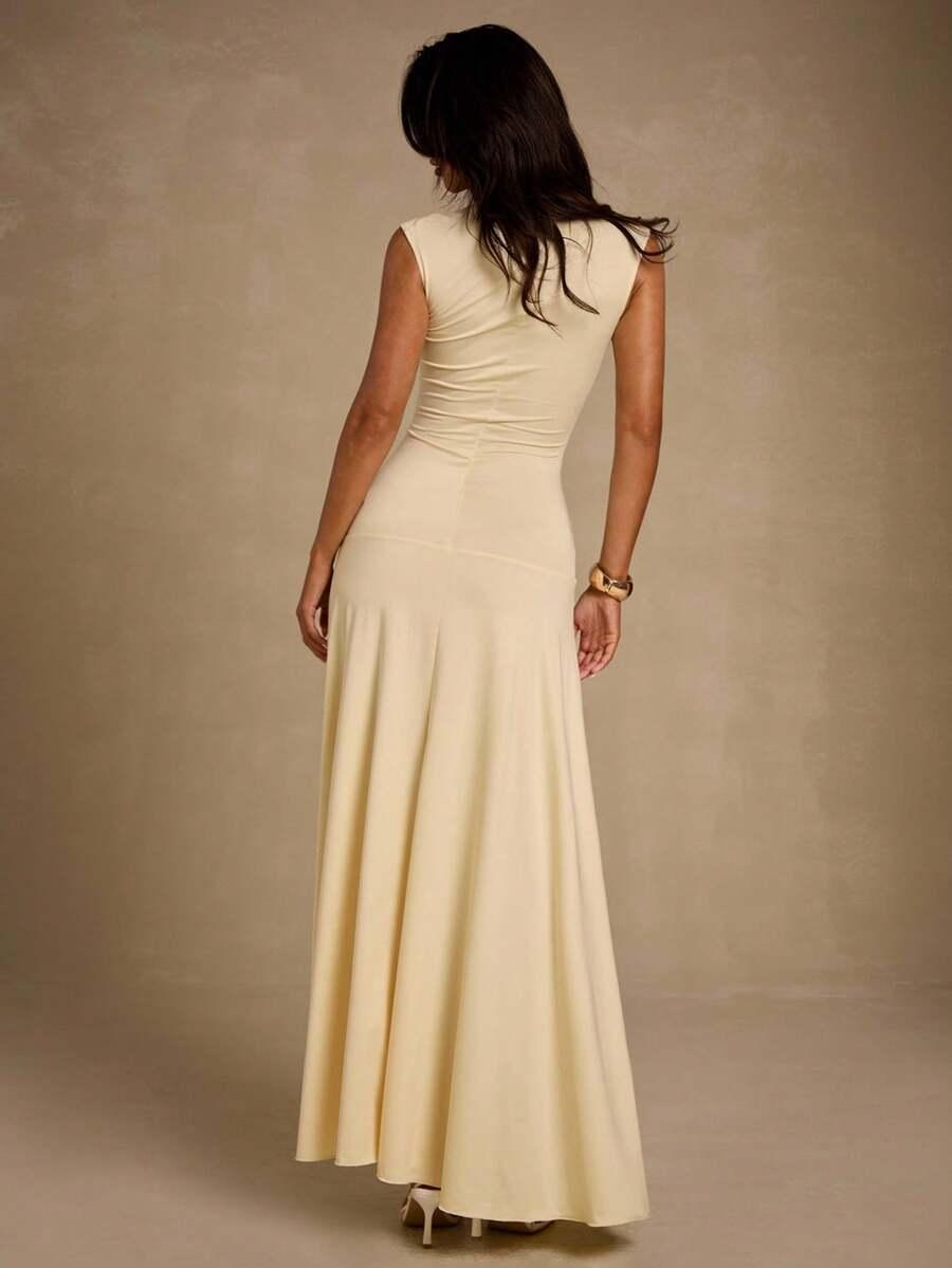 GLAMINE ŻÓŁTA MAXI SUKIENKA BEZ RĘKAWÓW S06__XS