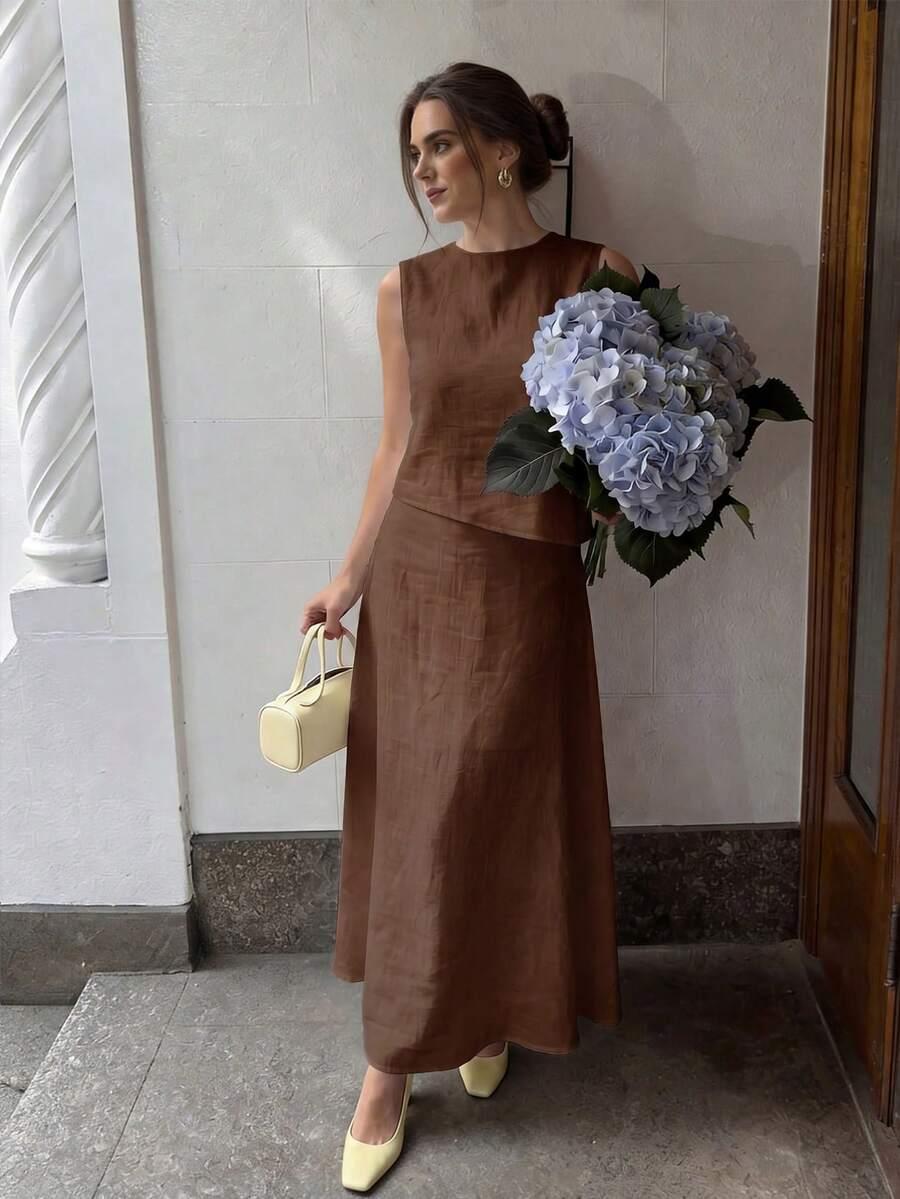SHEIN BRĄZOWA MAXI SPÓDNICA S06__M