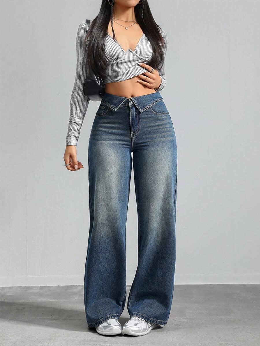 SHEIN NIEBIESKIE SPODNIE JEANS SZEROKIE NOGAWKI S06__50