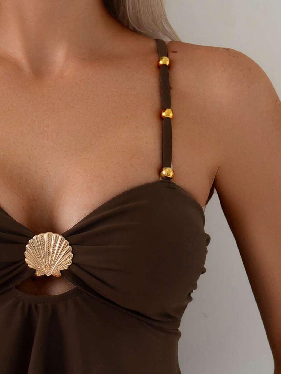 SHEIN BRĄZOWY DWUCZĘŚCIOWY STRÓJ KĄPIELOWY ZDOBIENIE S09__XL