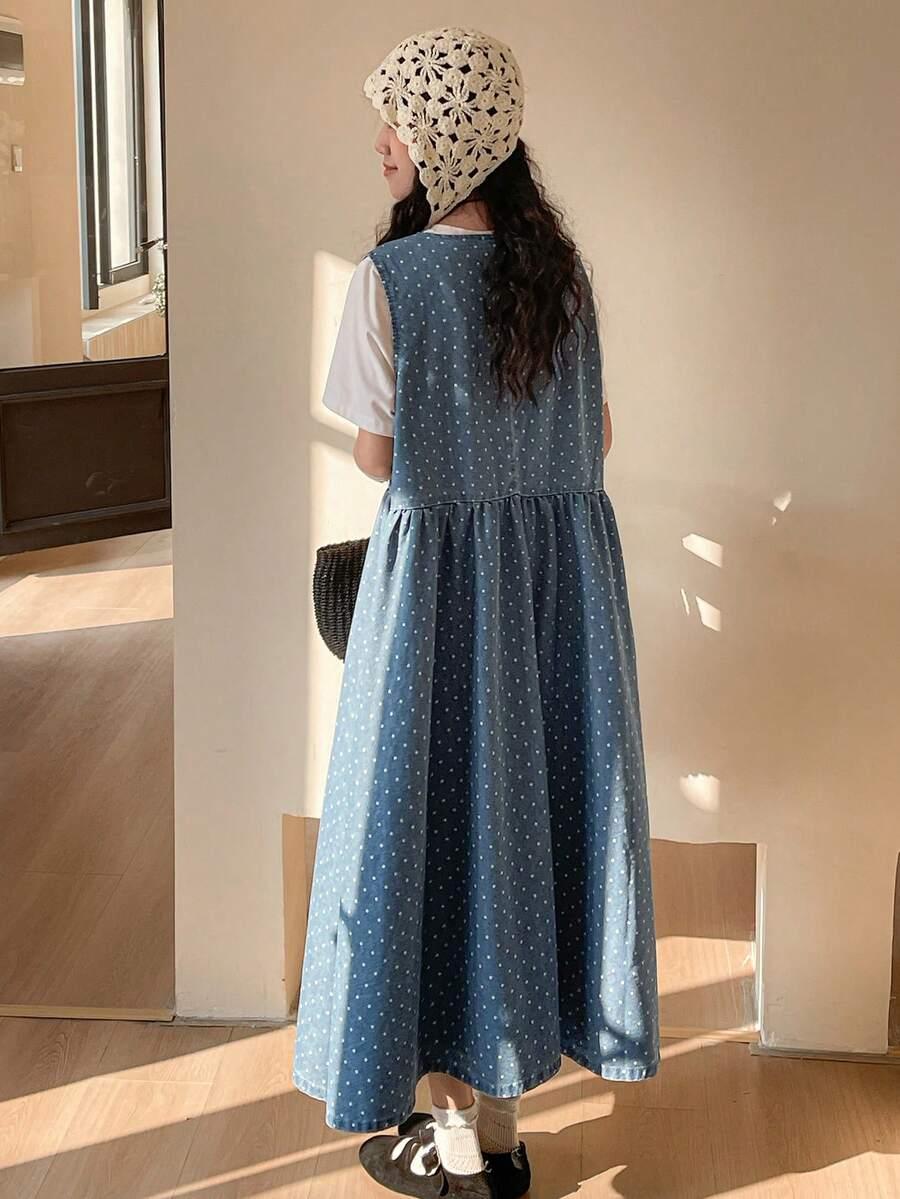FRIFUL SUKIENKA MAXI JEANS WZÓR GROSZKI S06__L