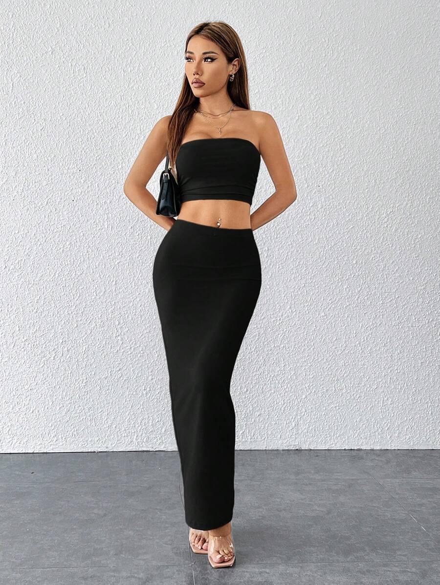 SHEIN CZARNY KOMPLET TOP SPÓDNICA S06__XS