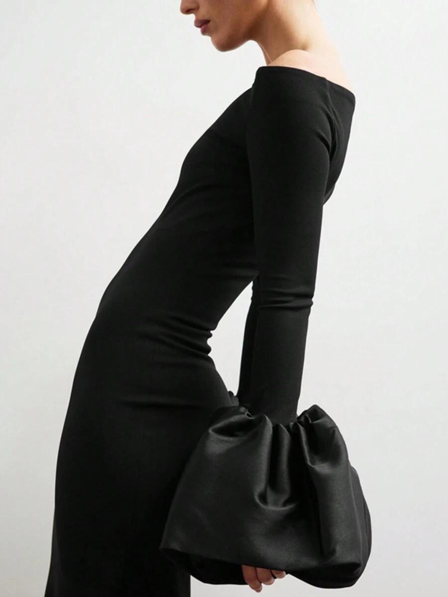 SHEIN CZARNA MAXI SUKIENKA ODKRYTE RAMIONA SZEROKIE RĘKAWY S06__M