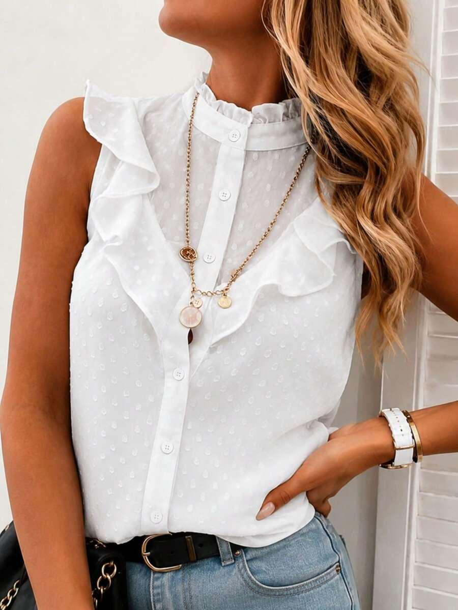 SHEIN BIAŁY TOP BEZ RĘKAWÓW STRUKTURA FALBANY PK01__S