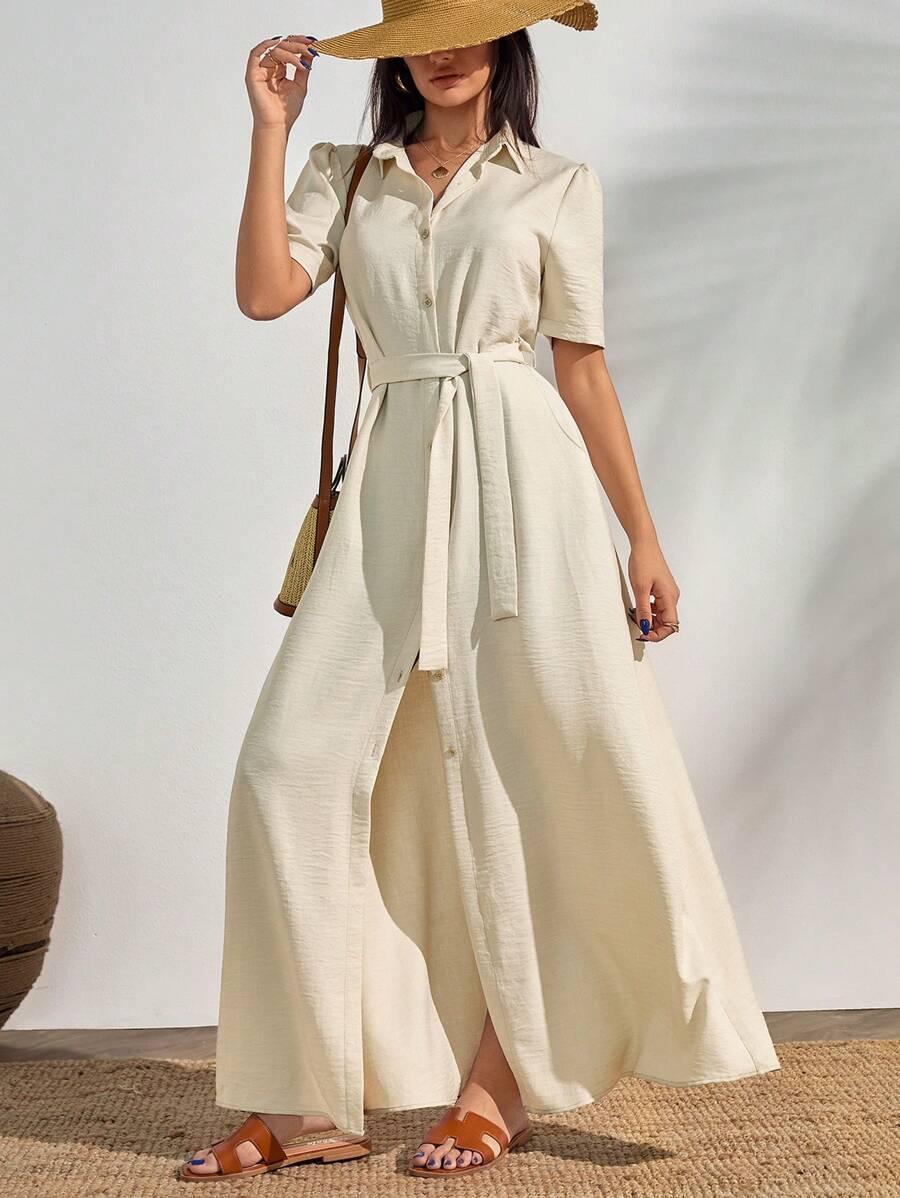 SHEIN KREMOWA MAXI SUKIENKA KOSZULOWA S06__M