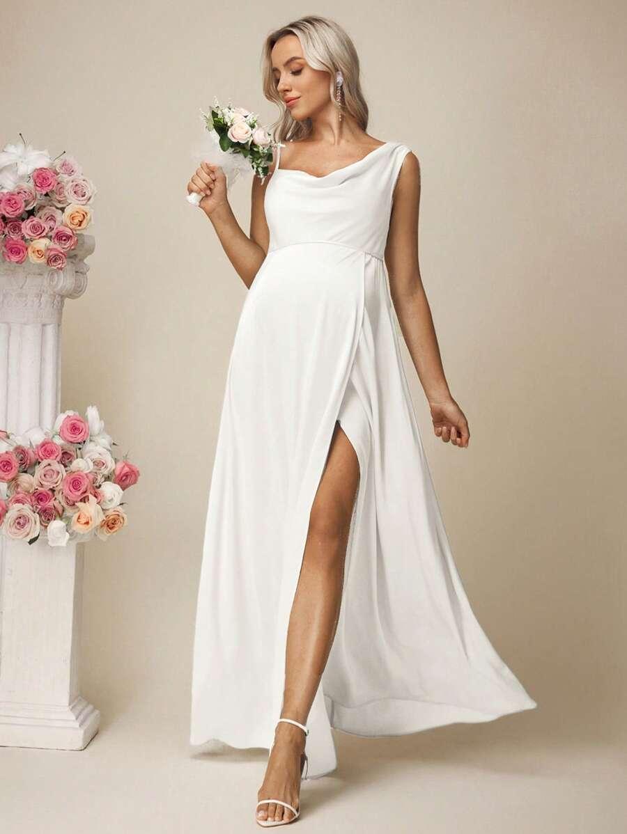 SHEIN SATYNOWA BIAŁA MAXI SUKIENKA CIĄŻOWA ROZPOREK S06__XXL