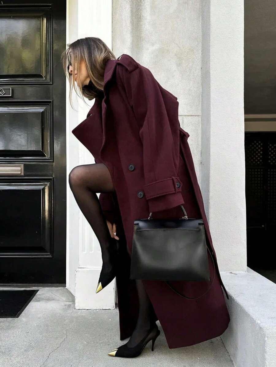 SHEIN BURGUNDOWY KLASYCZNY PŁASZCZ W01__L