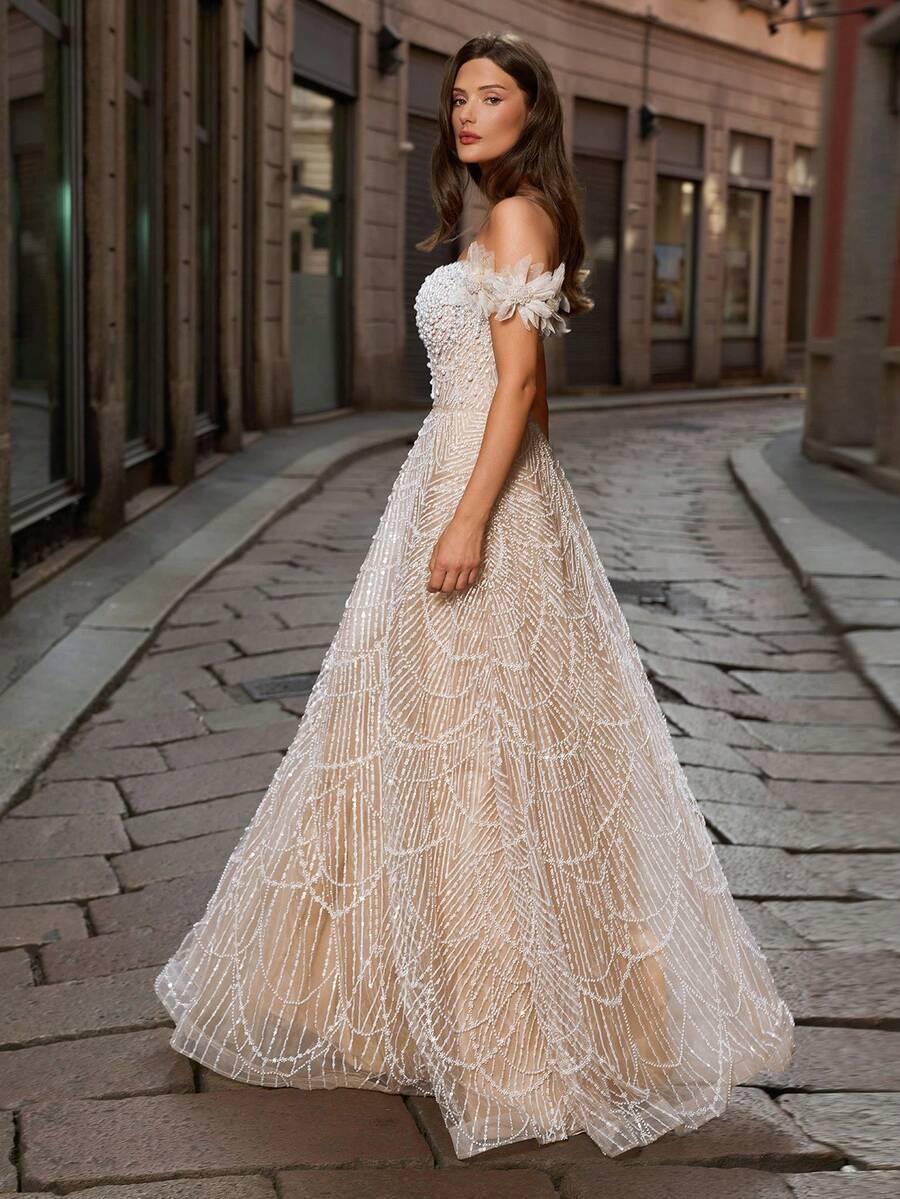 FAERIESTY BEŻOWA MAXI SUKIENKA ZDOBIENIA S06__M