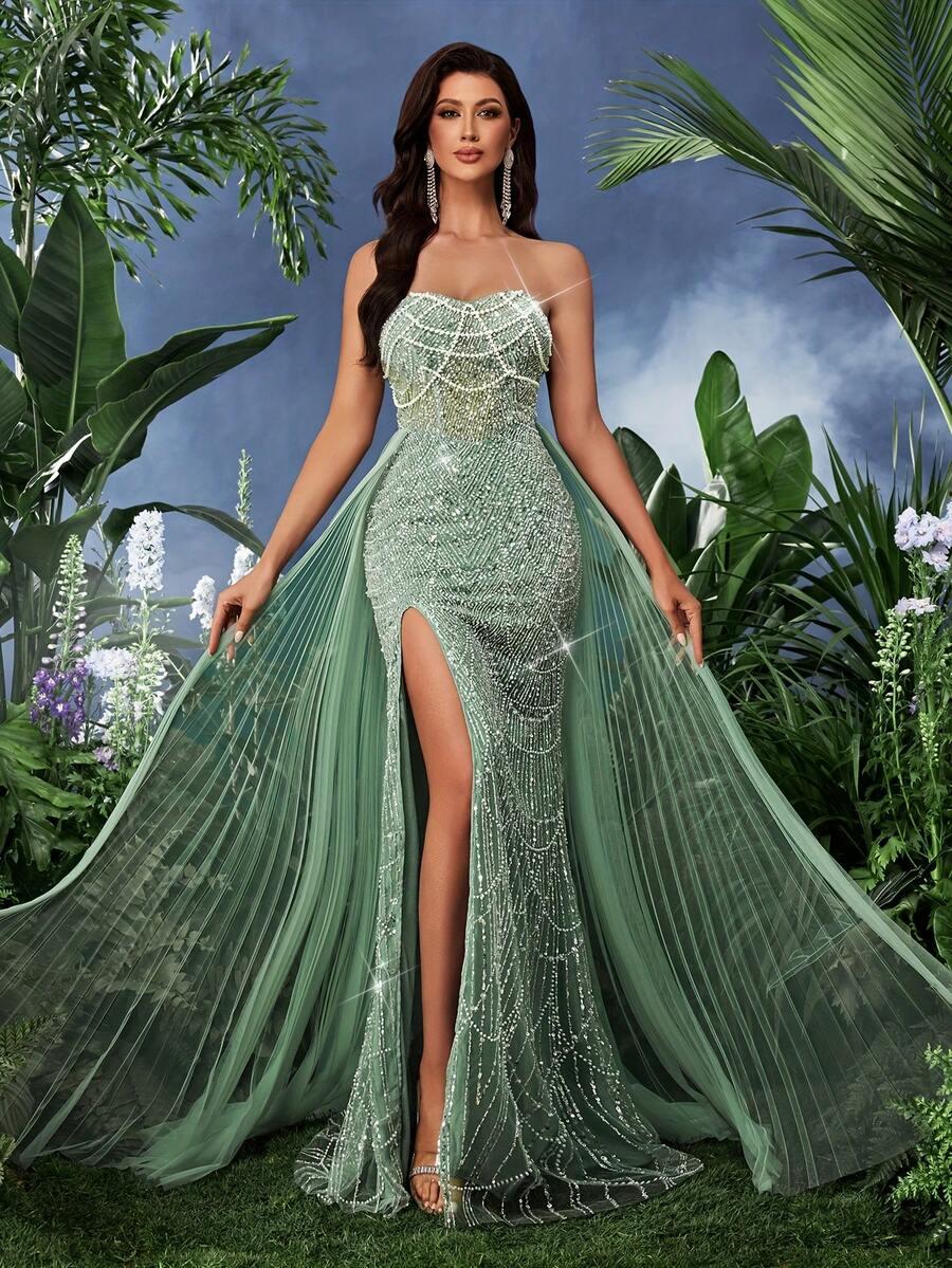 SHEIN ZIELONA MAXI SUKIENKA ODKRYTE RAMIONA ZDOBIENIA PK01__XS