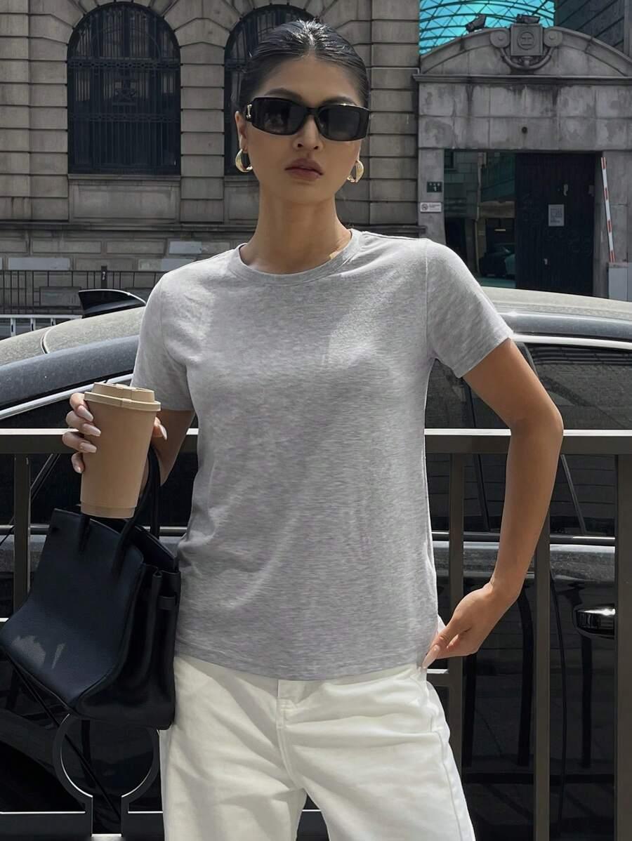 SHEIN SZARY T-SHIRT OKRĄGŁY DEKOLT S06__XS