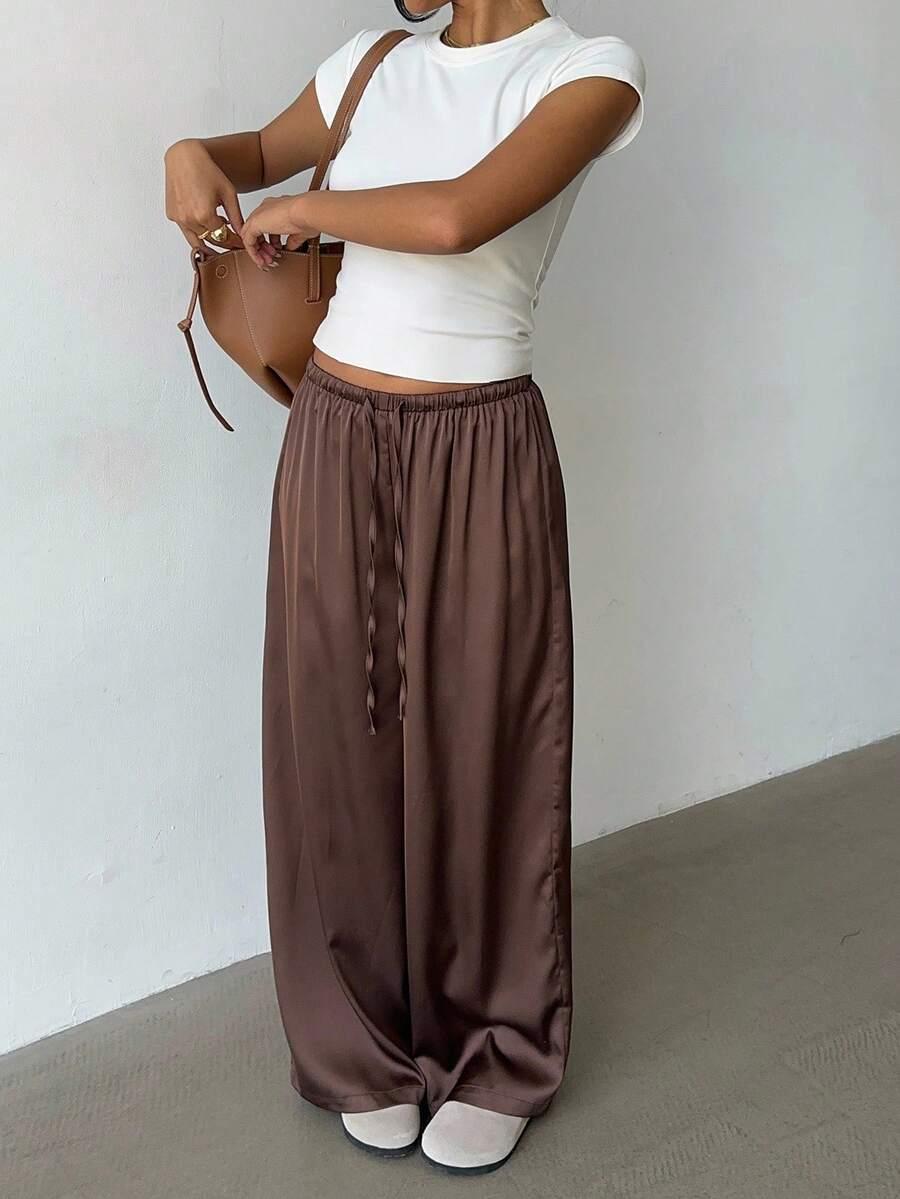 SHEIN BRĄZOWE SATYNOWE SPODNIE S06__M