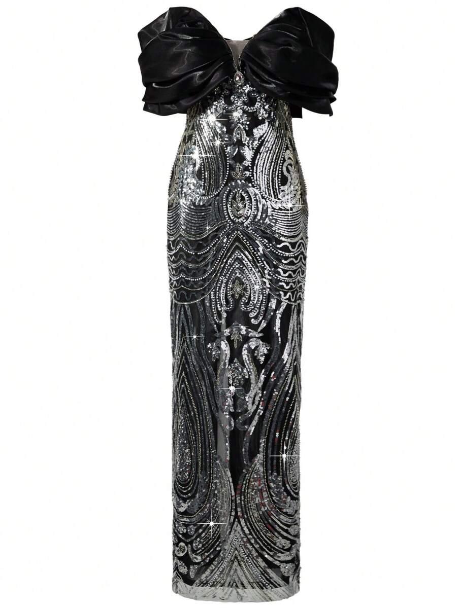 SHEIN CZARNA MAXI SUKIENKA ZDOBIENIE