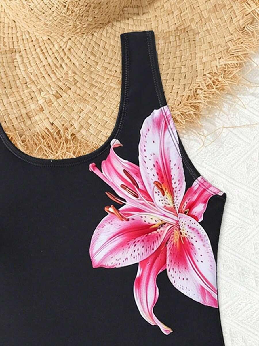 SHEIN CZARNE SPODENKI KĄPIELOWE KWIATY S06__166/170