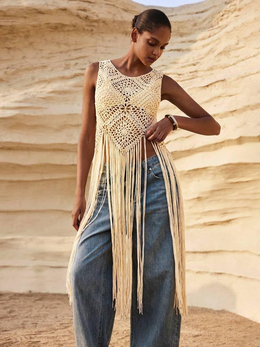 SHEIN BEŻOWY DZIANINOWY TOP FRĘDZLE S06__L