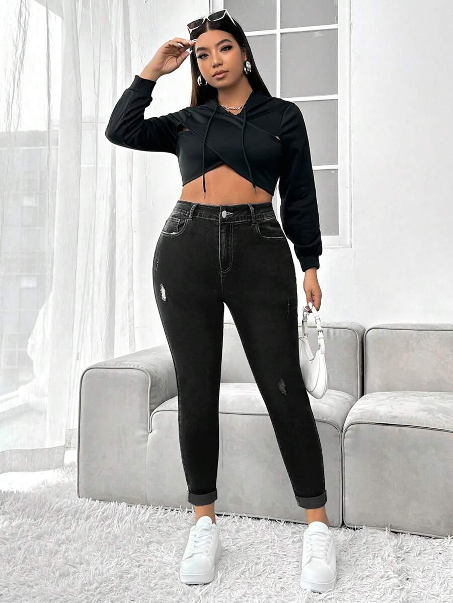 SHEIN CZARNE SPODNIE JEANS PRZETARCIA S06__46