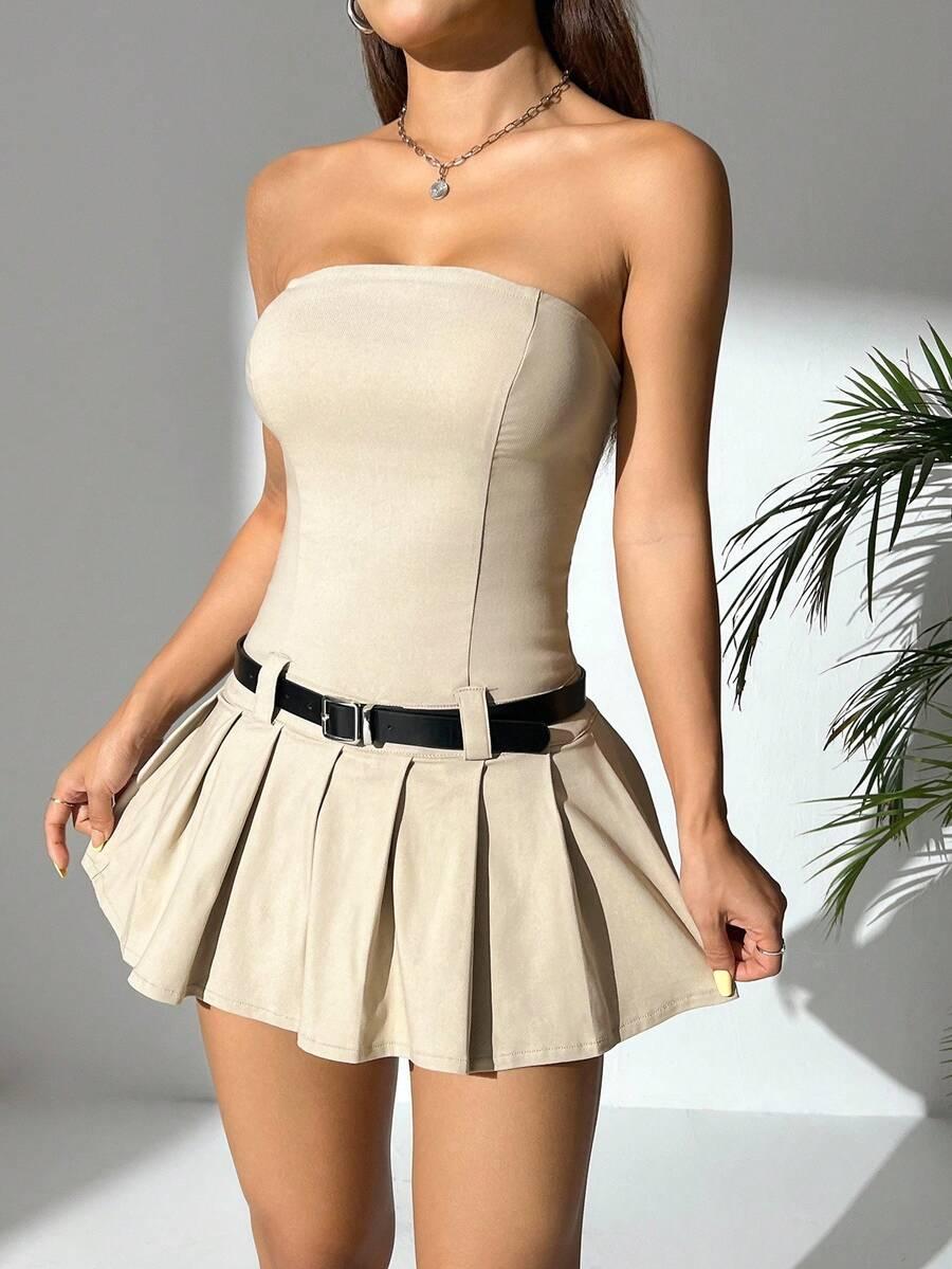 SHEIN BEŻOWA MINI SUKIENKA ODKRYTE RAMIONA Z DOMIESZKĄ JEDWABIU S06__XS