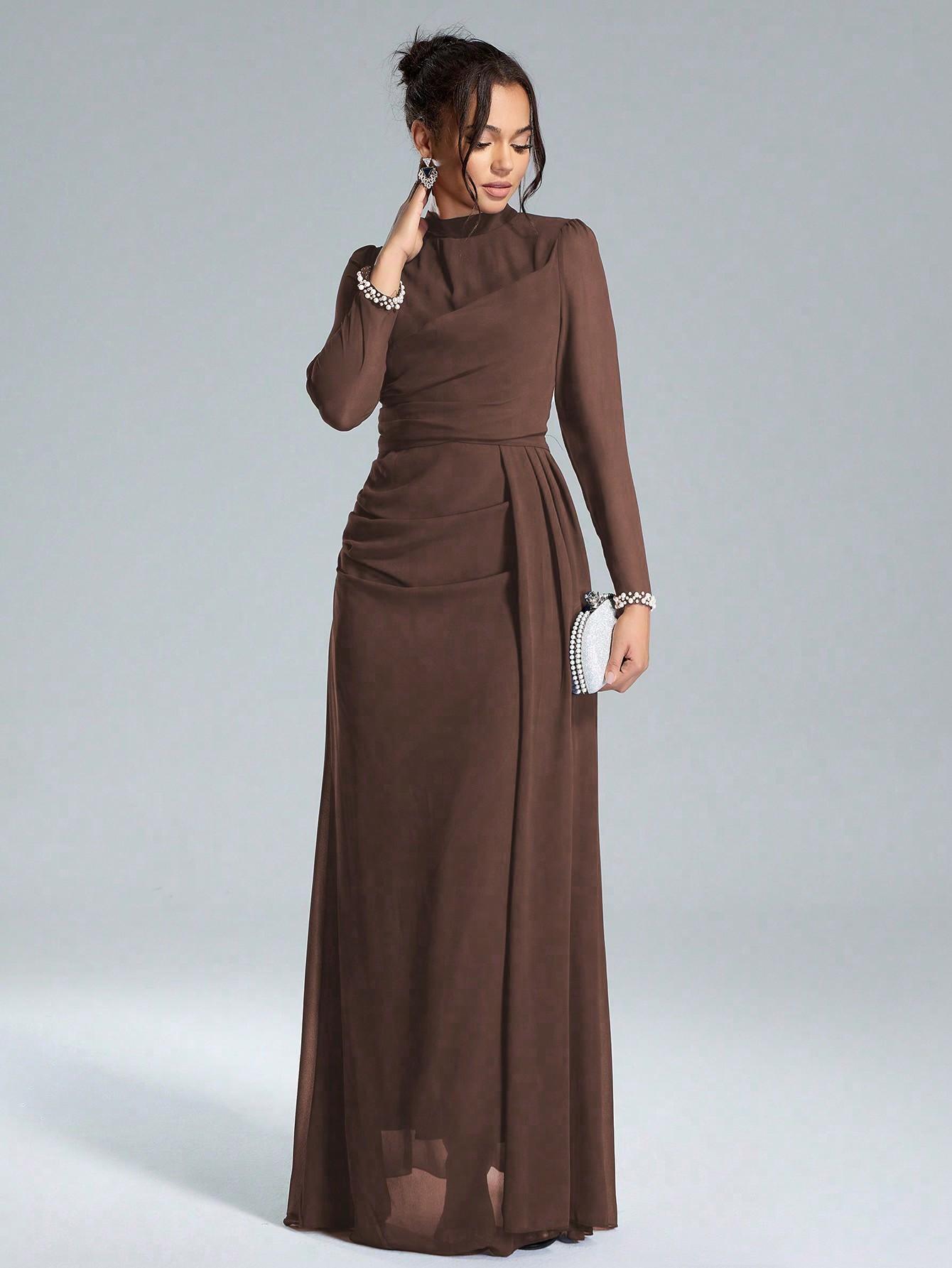 SHEIN BRĄZOWA MAXI SUKIENKA ZDOBIENIE S06__L