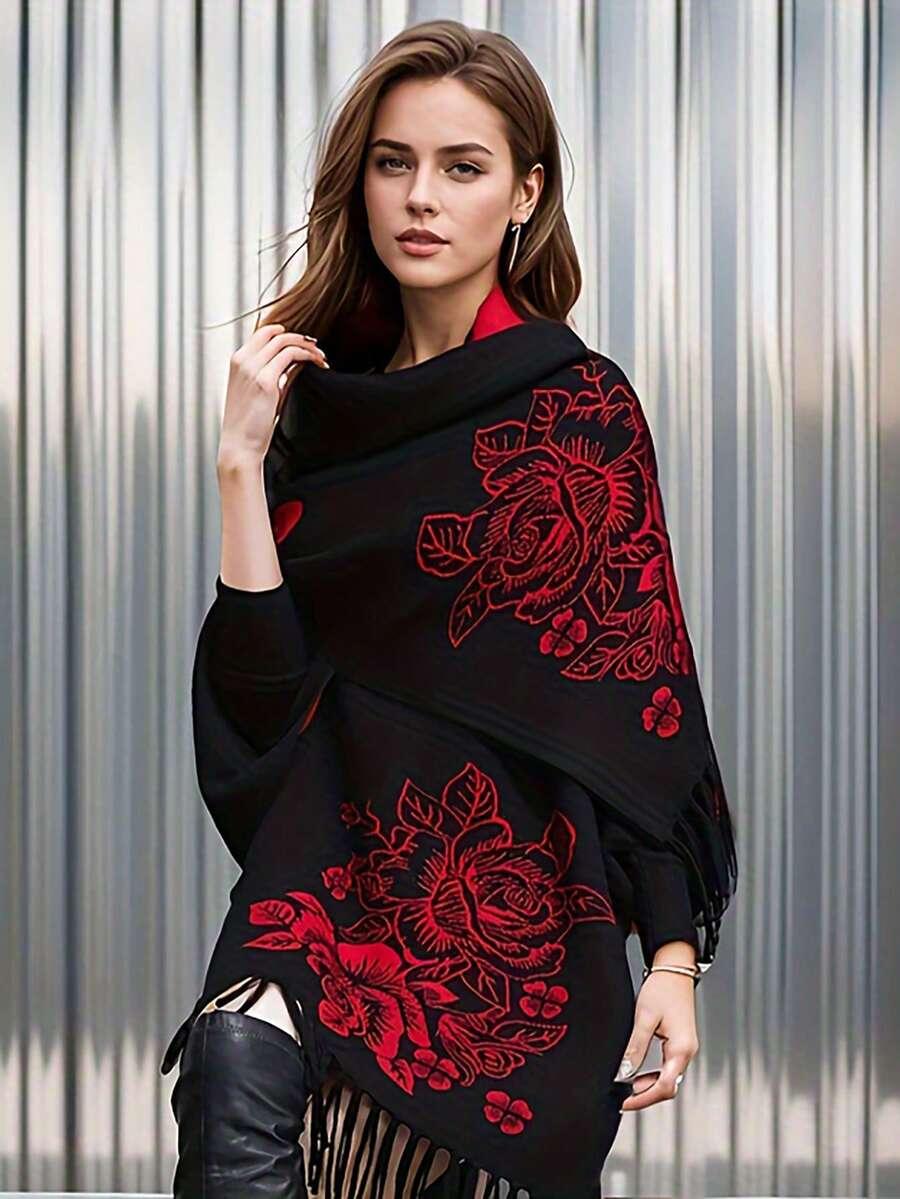 SHEIN PONCZO WZÓR KWIATY FRĘDZLE W01__OS