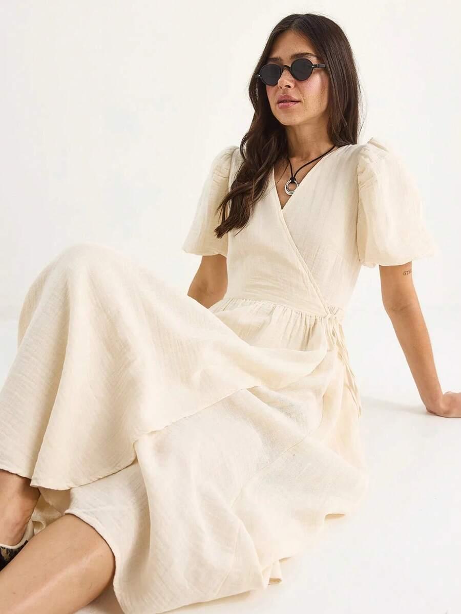 SHEIN BEŻOWA SUKIENKA KRÓTKI RĘKAW S06__M