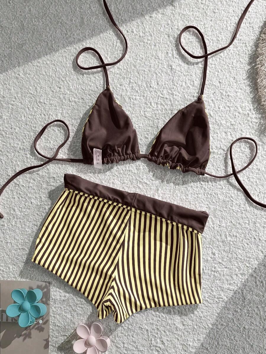 SHEIN DWUCZĘŚCIOWY STRÓJ KĄPIELOWY WZÓR PASKI DWUSTRONNY S09__XS
