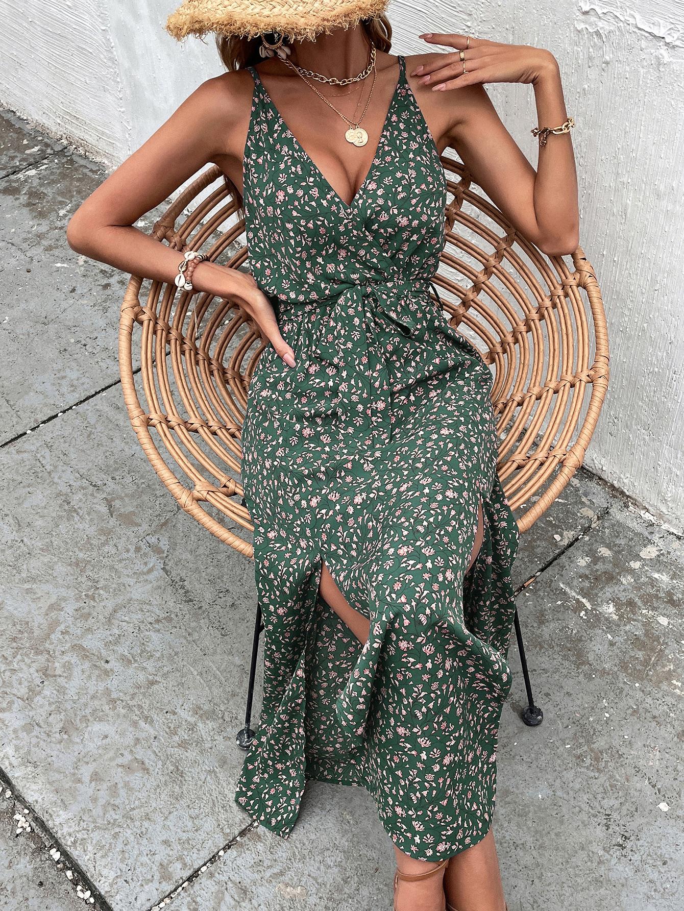 SHEIN ZIELONA MIDI SUKIENKA KWIATY ROZCIĘCIA S06__XL