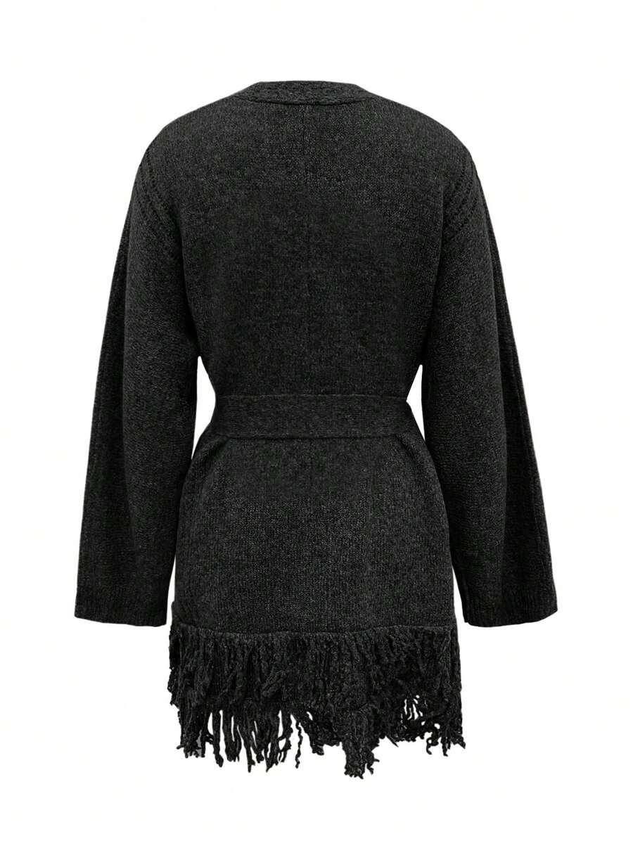 SHEIN CZARNY SWETER KARDIGAN FRĘDZLE S06__M