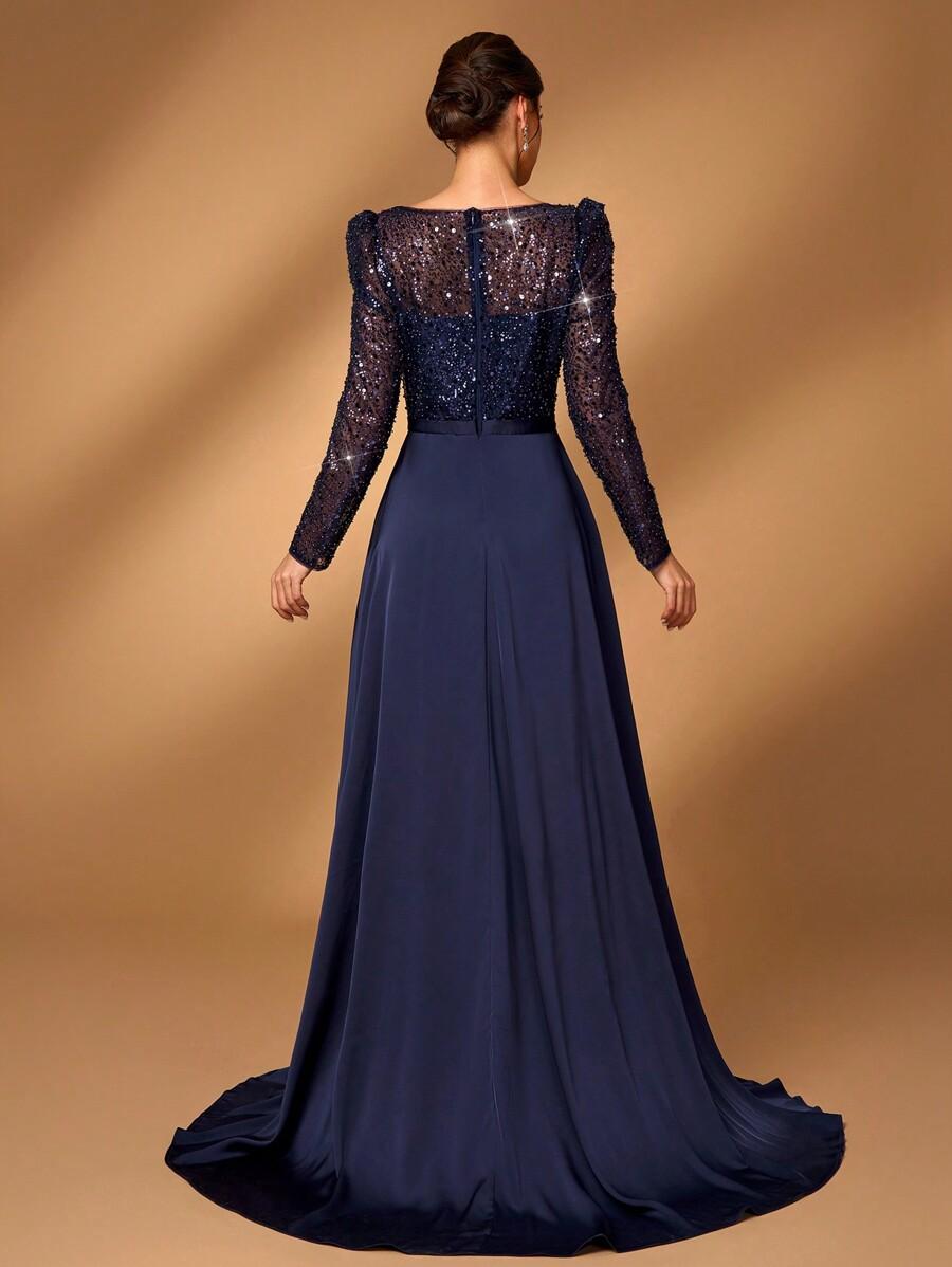 SHEIN GRANATOWA MAXI SUKIENKA ZDOBIENIE S06__L