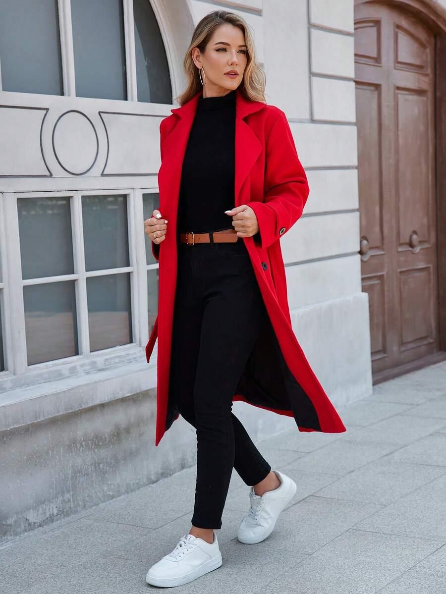 SHEIN CZERWONY KLASYCZNY PŁASZCZ DWURZĘDOWY W01__XL