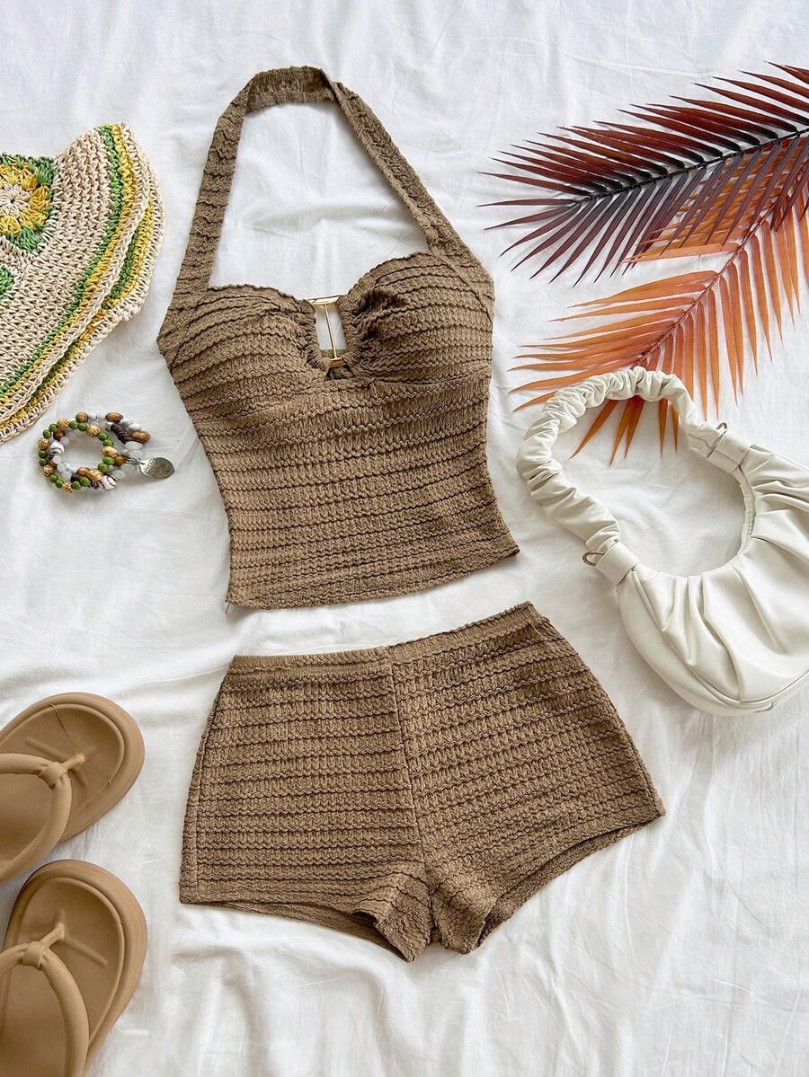 SHEIN BRĄZOWY DWUCZĘŚCIOWY KOMPLET SPODENKI TOP S06__S